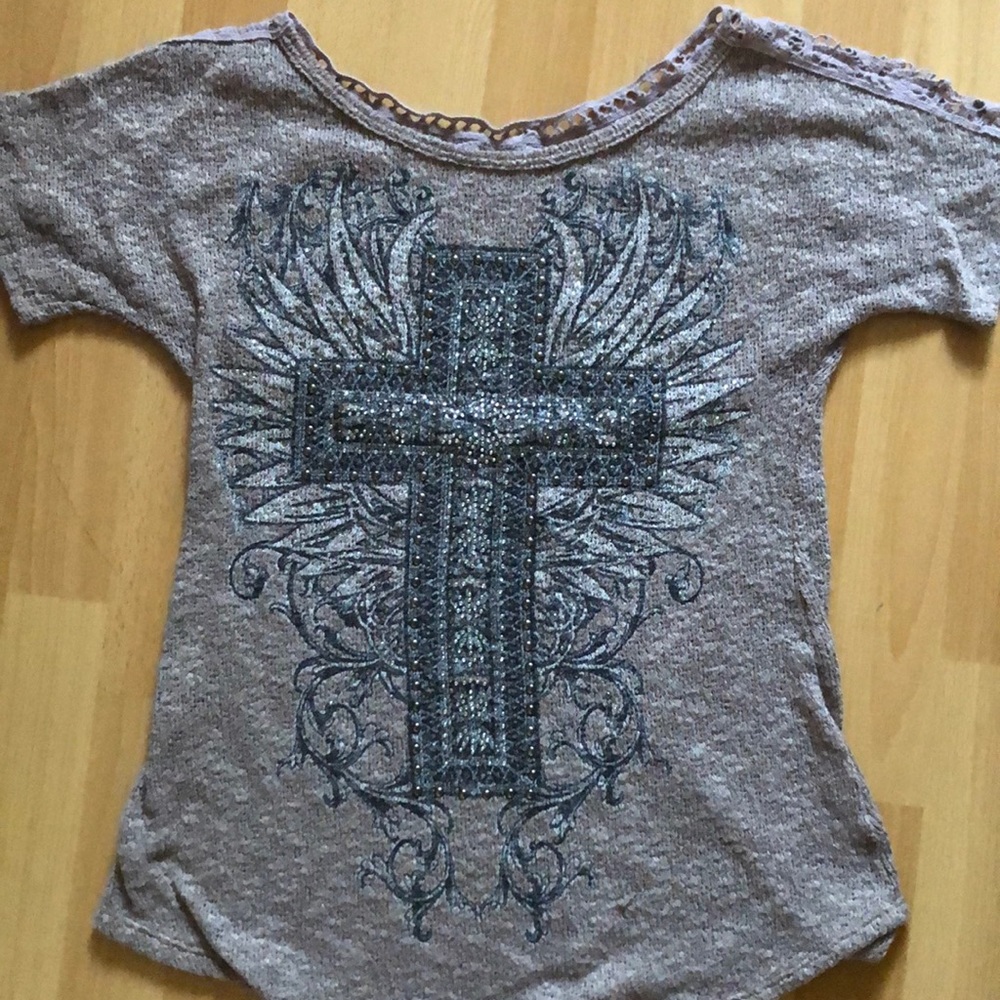 Glitter Cross Design Top with Lace Back